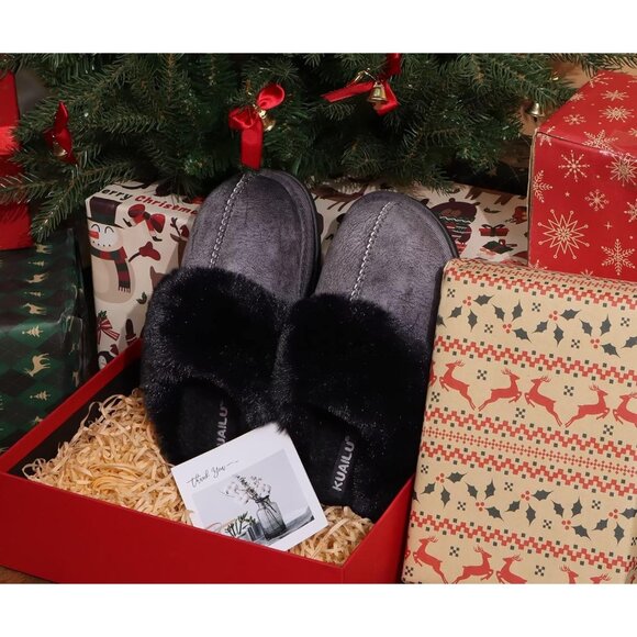 🆕Women Black Suede Fluff Dual Memory Foam Arch Support Warm Scuff Slipper - Picture 4 of 9